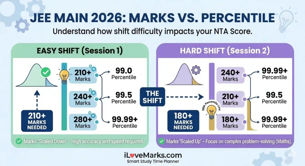 A detailed 2026 Marks vs Percentile infographic showing the shift in Marks needed for 99%ile across Easy vs. Hard shifts